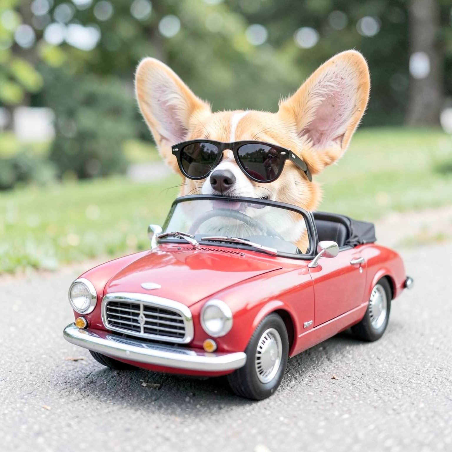cute corgi wearing sunglasses driving tiny convertible car