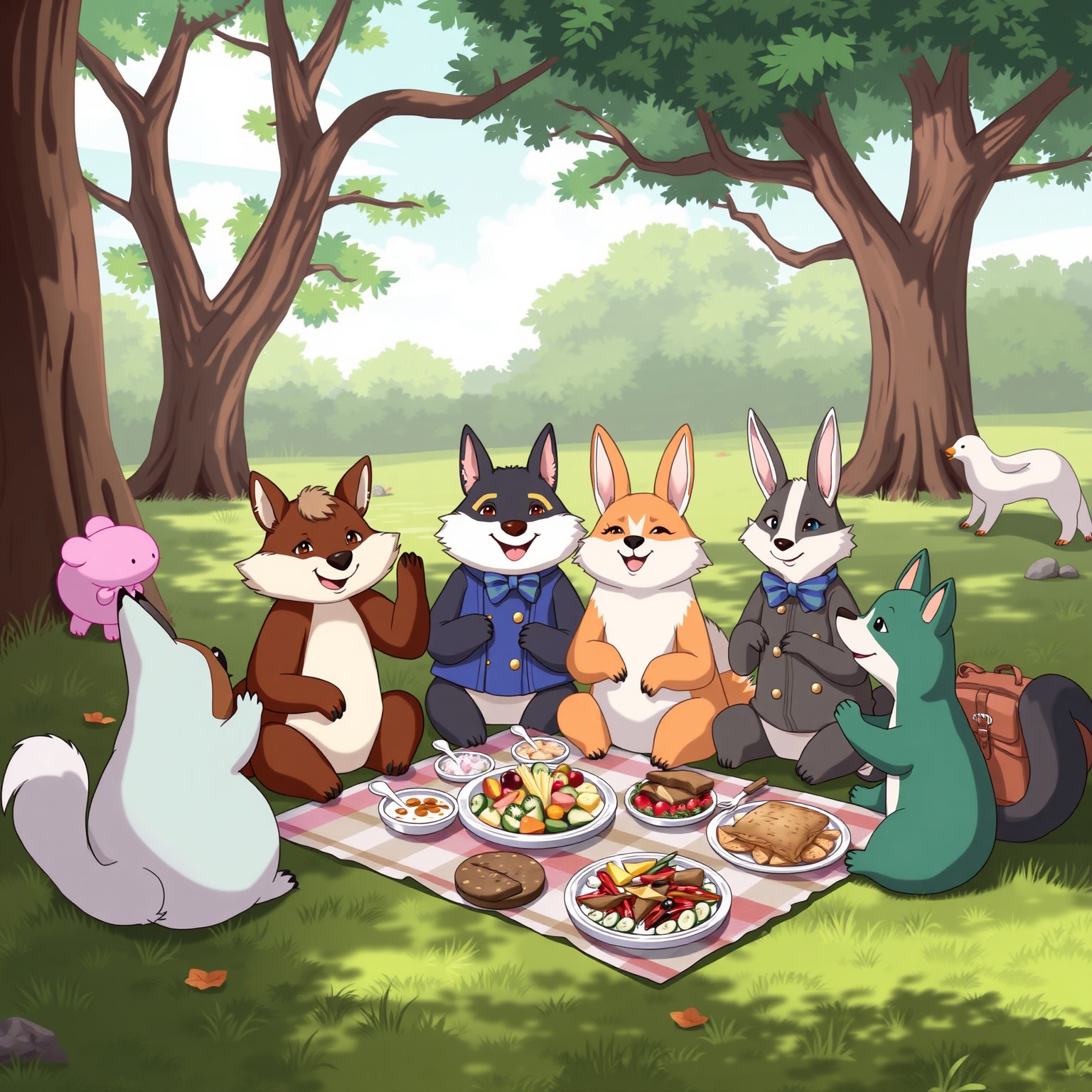 Anthropomorphic animals picnicking in a cheerful, lush park filled with food.