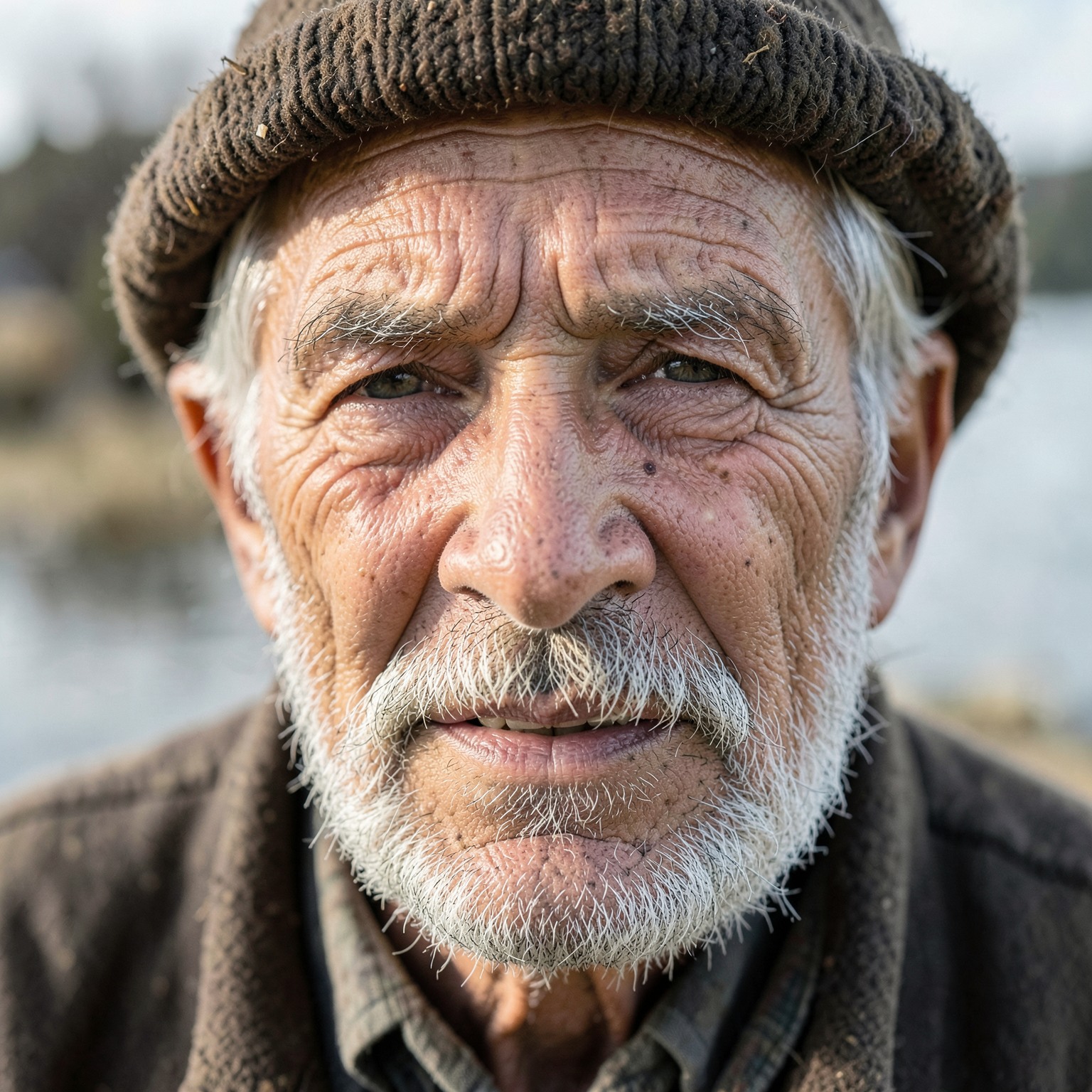 realistic close-up portrait of old fisherman with weathered skin