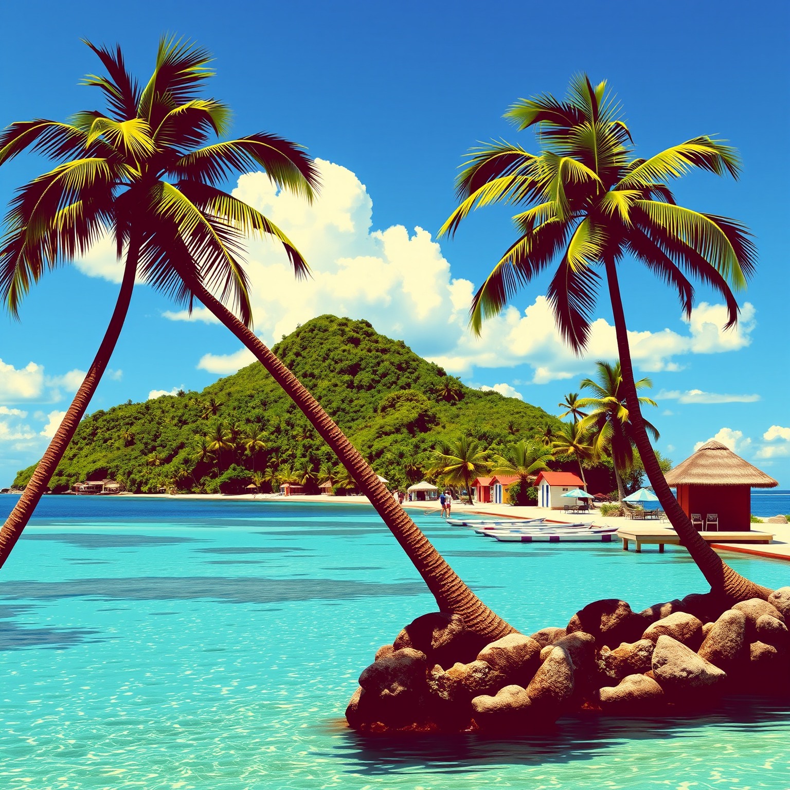 Vintage travel poster-style illustration of a tropical island paradise.