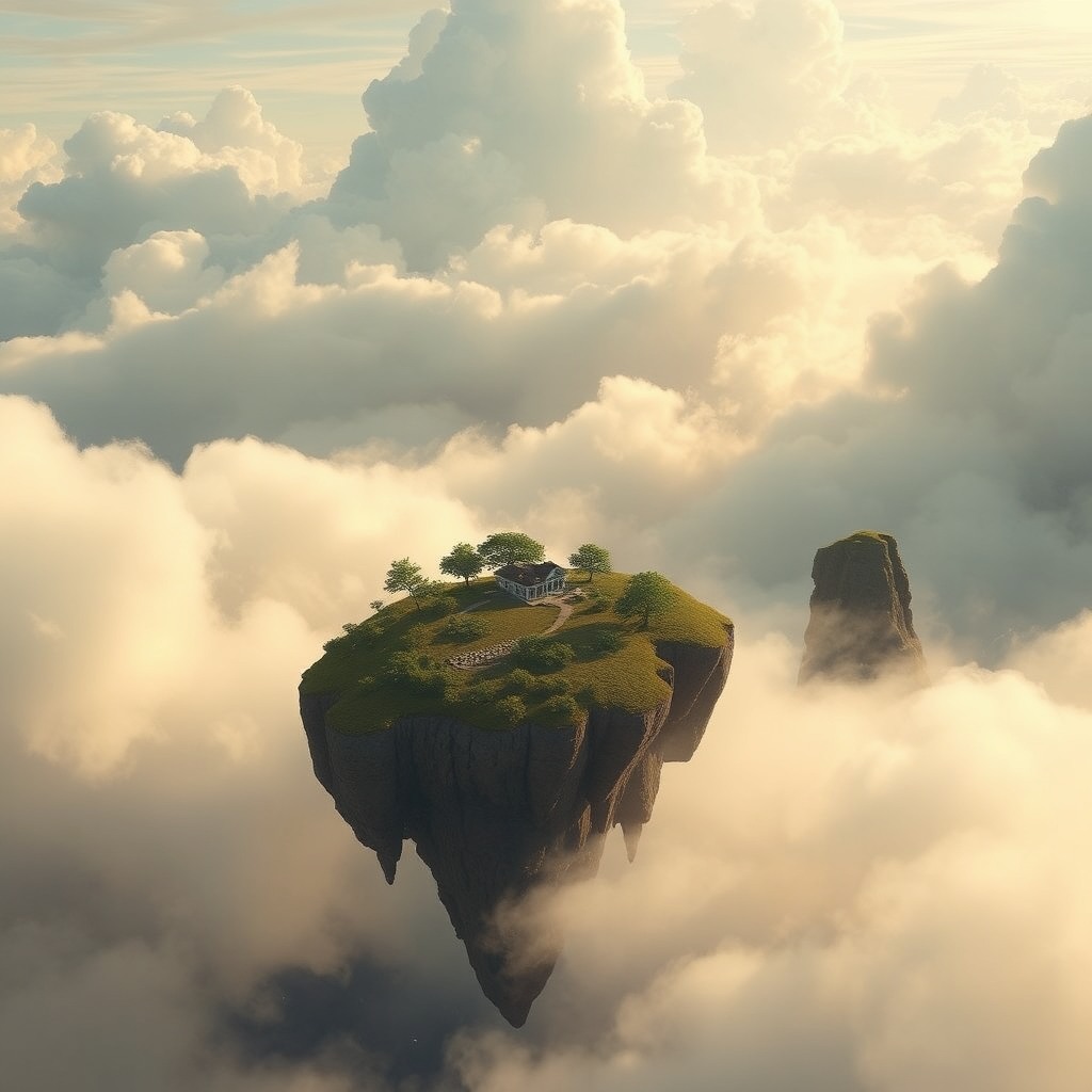 surreal dreamscape, floating islands, soft clouds, cinematic fantasy