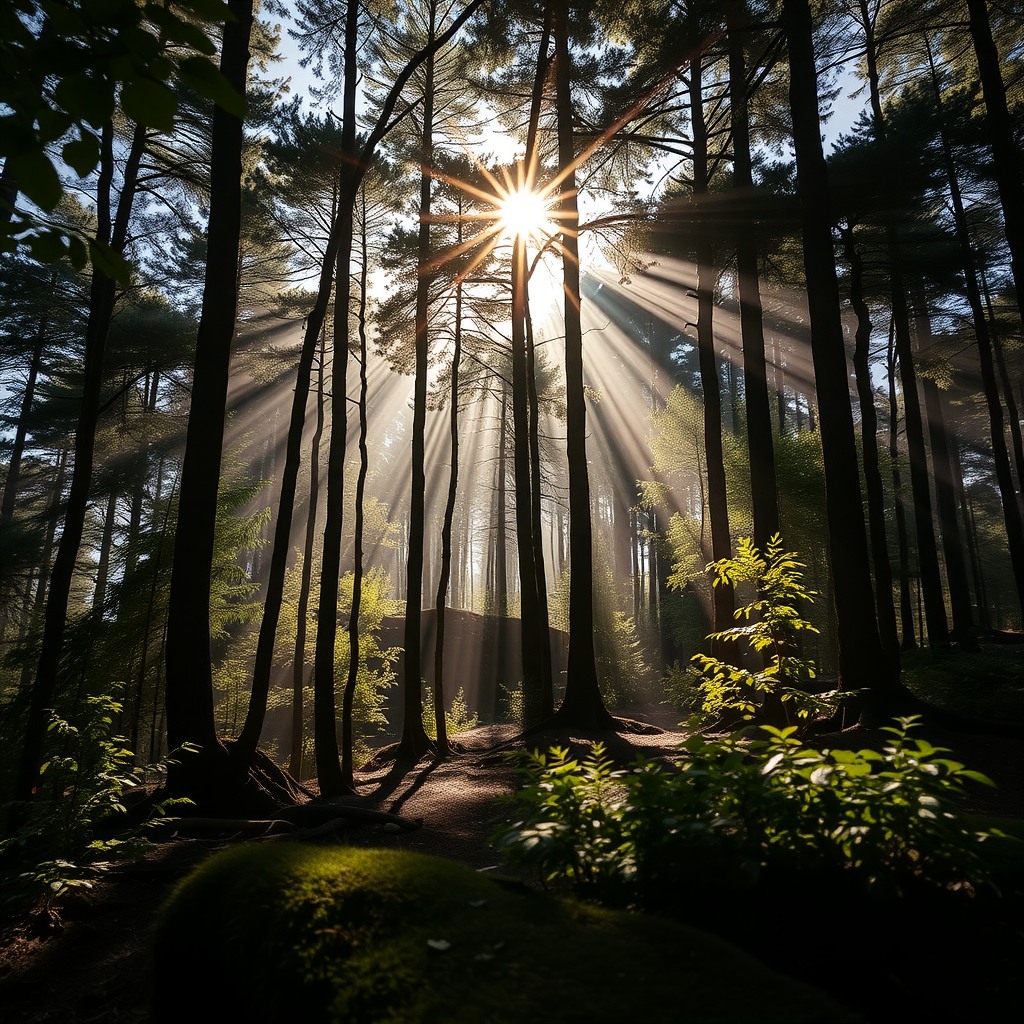 Photo-realistic editorial photography, realistic scene representing forest with sun rays