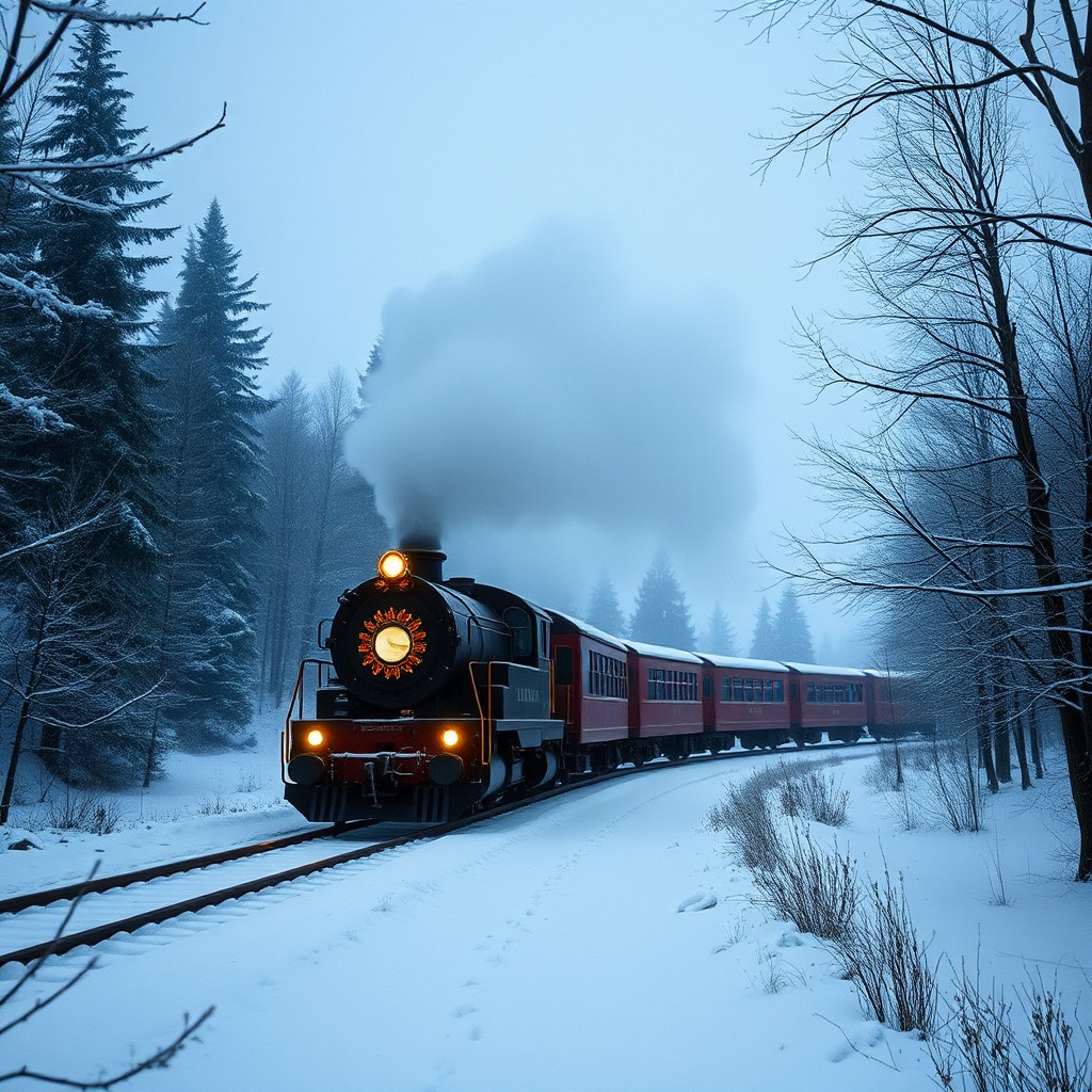 christmas train traveling through snowy landscape, cinematic wide shot