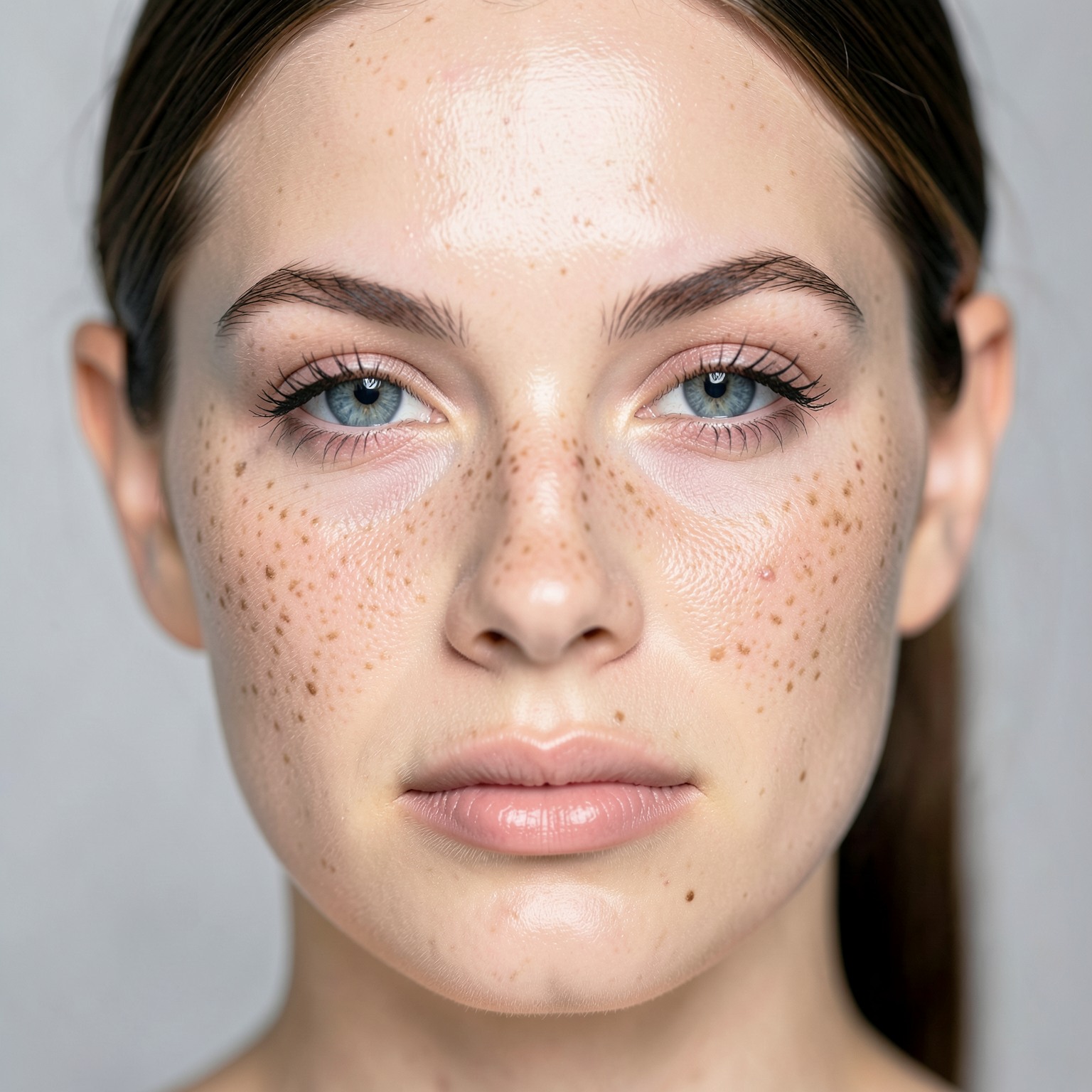 Ultra realistic beauty portrait with crystal-clear eyes and natural freckles