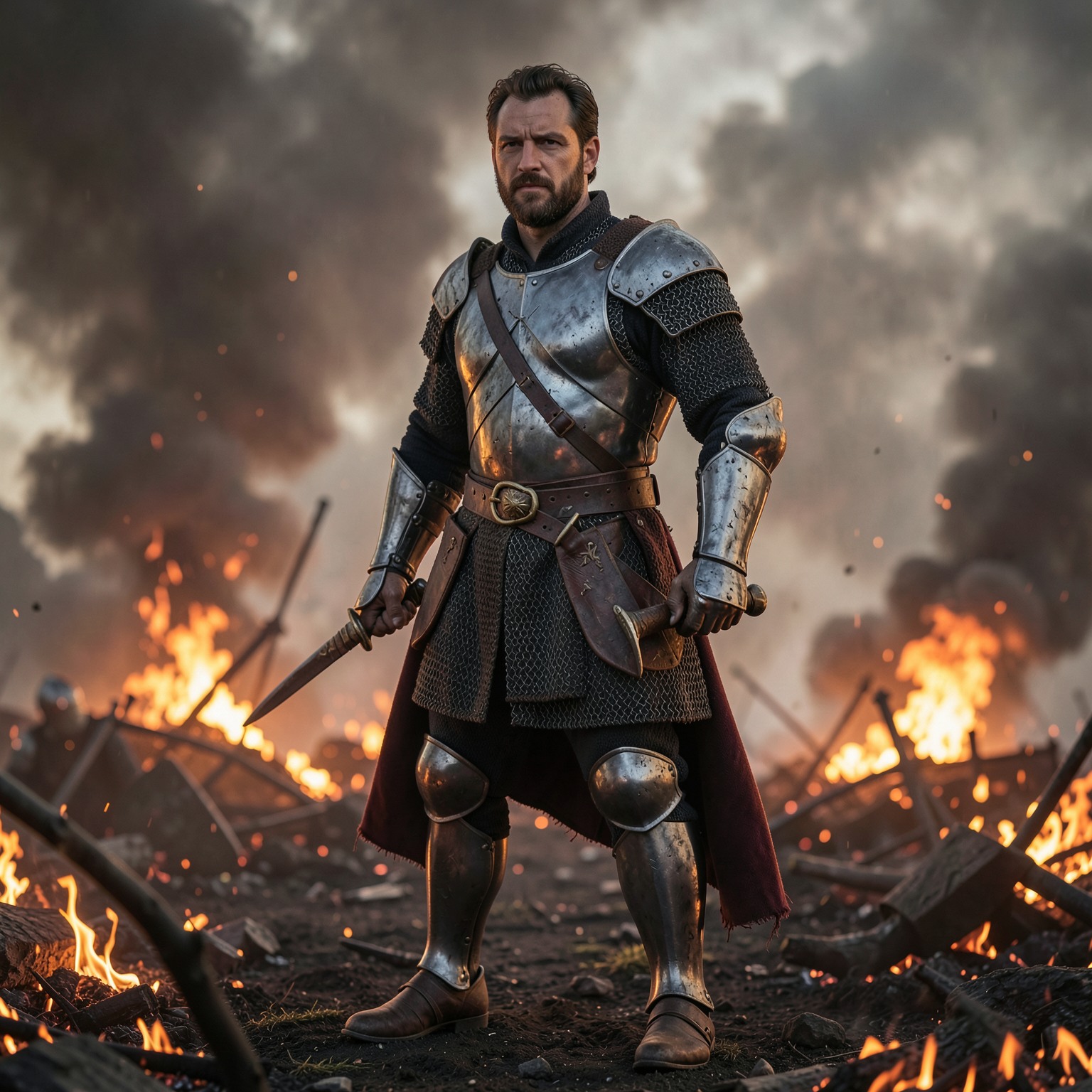 ultra realistic medieval knight standing in burning battlefield smoke, dramatic lighting