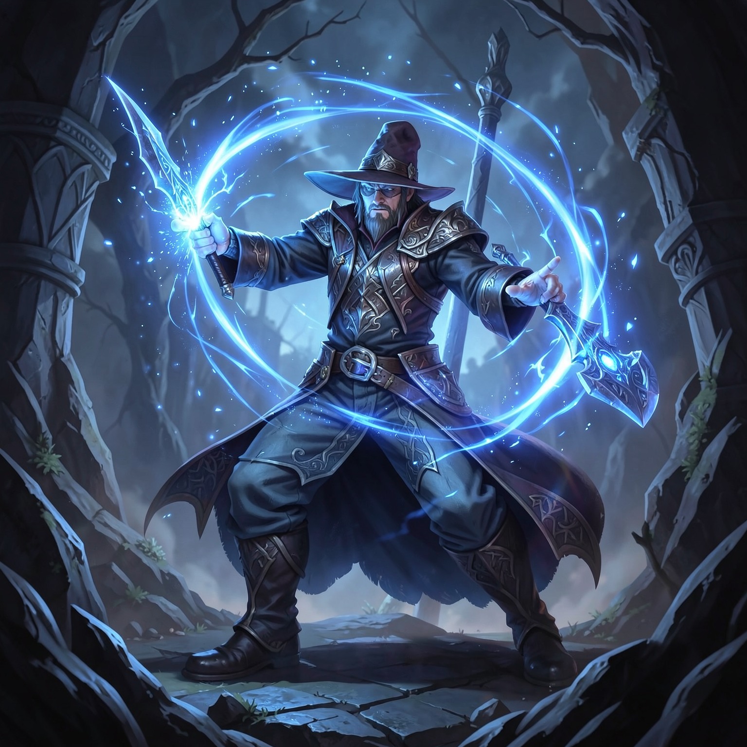 fantasy wizard casting powerful blue magic spell