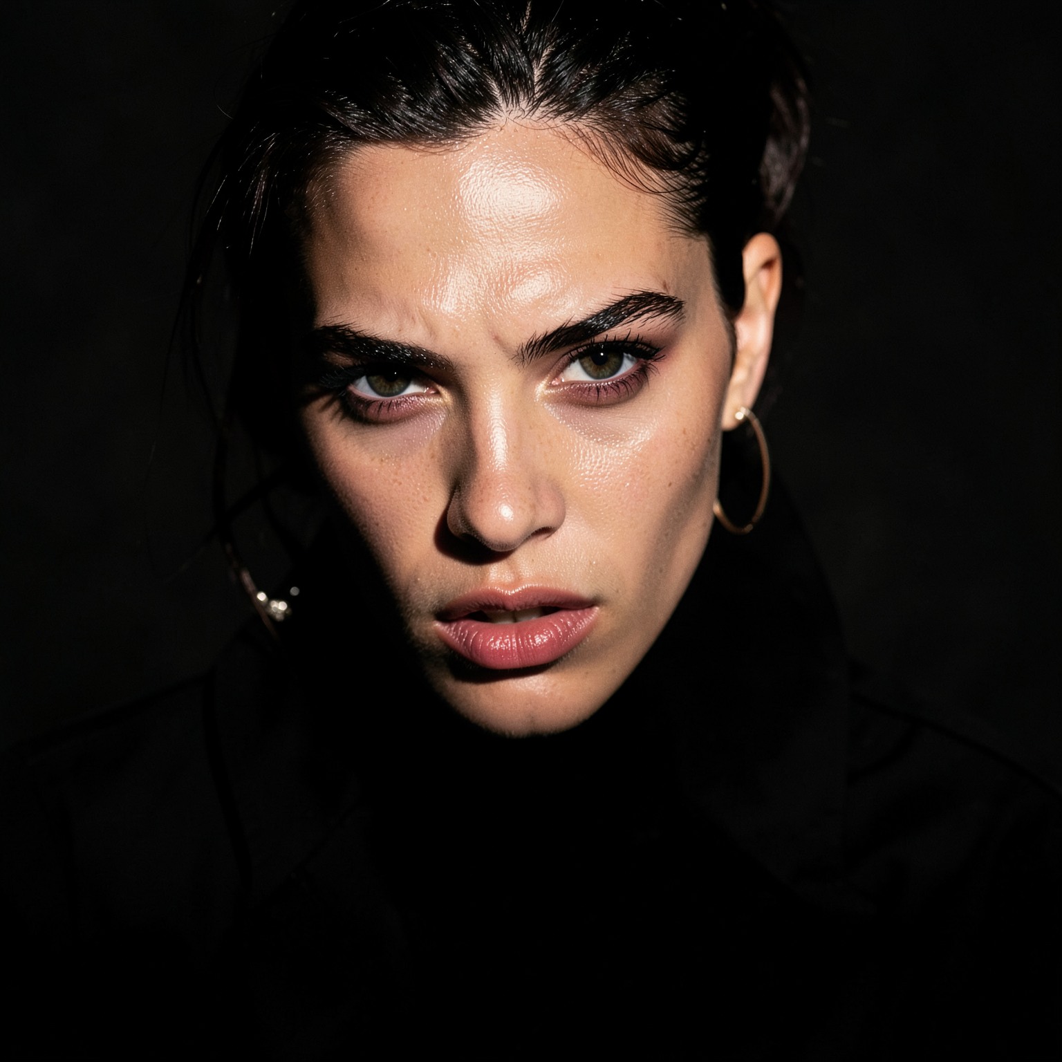 Fashion editorial portrait with intense gaze and dramatic lighting setup