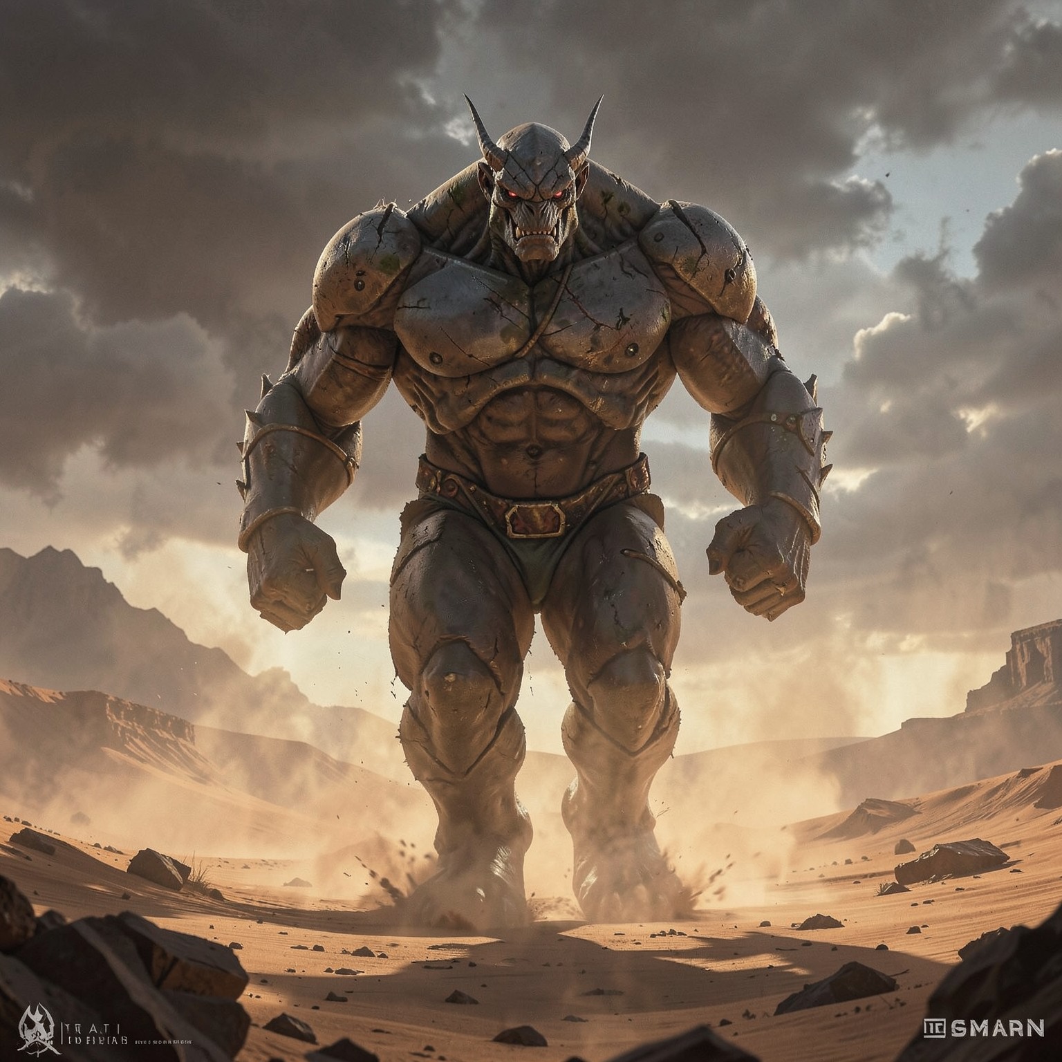 colossal titan walking through desert storm