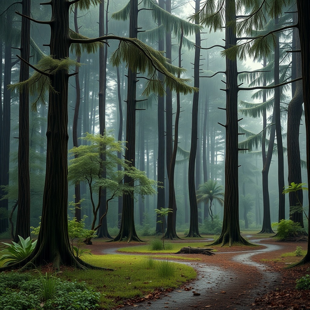 Photo-realistic editorial photography, realistic scene representing forest after rain