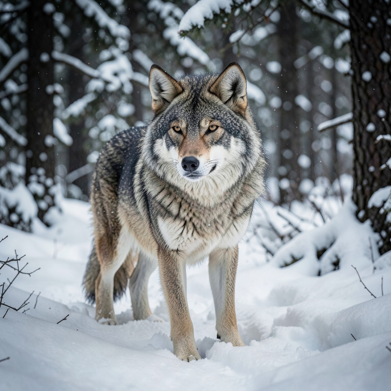 hyper realistic wolf in snowy forest, cinematic wildlife photography