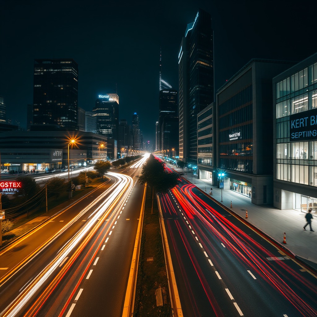 long exposure night city traffic, light trails, urban photography