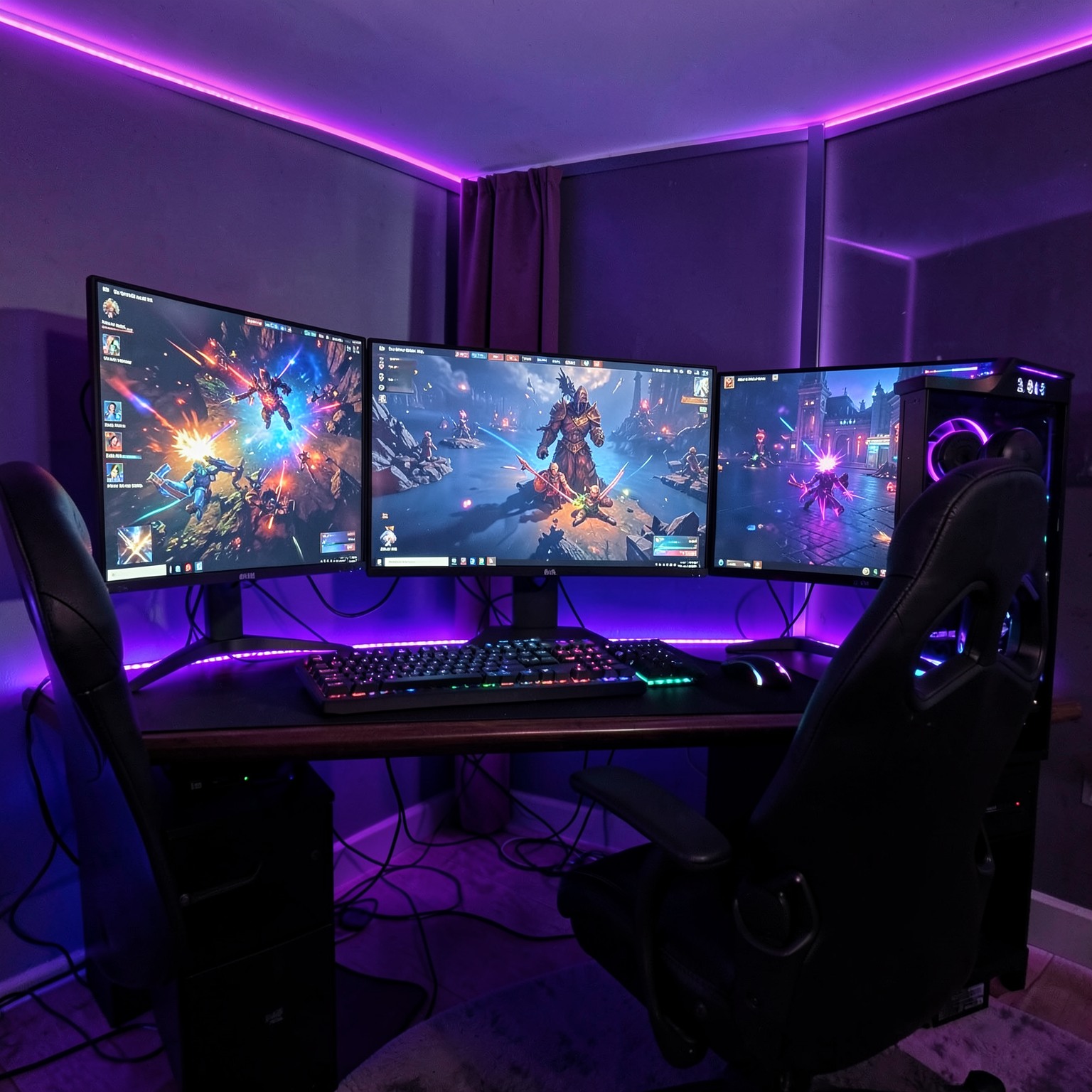 luxury gaming setup with triple monitors and RGB lighting