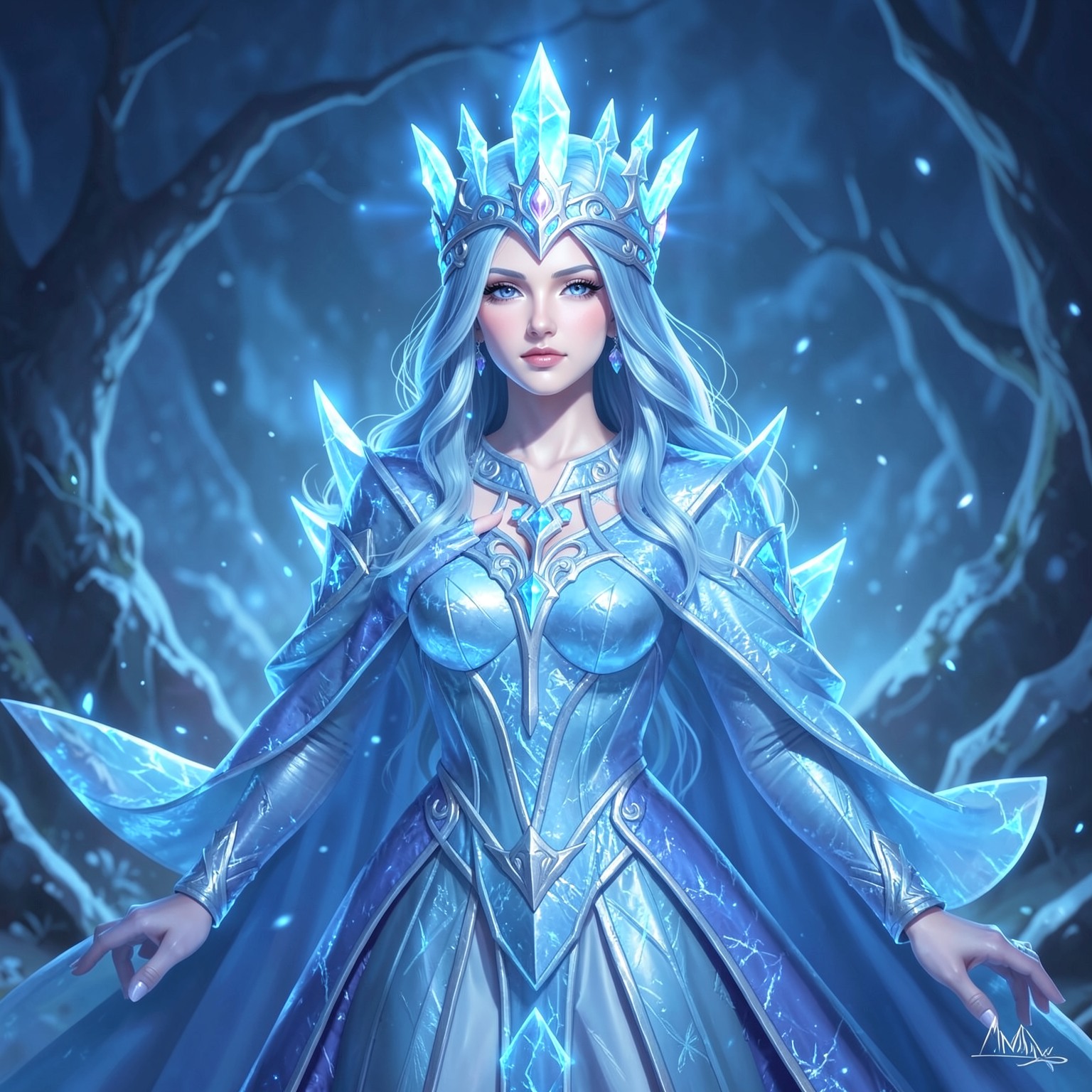 fantasy ice queen with glowing blue crown