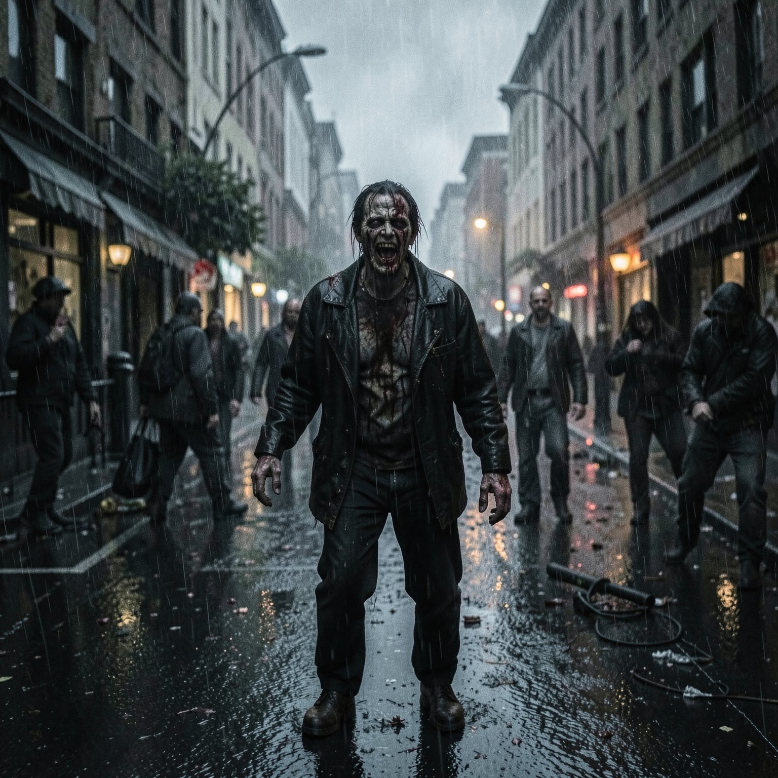 cinematic zombie apocalypse street scene in heavy rain