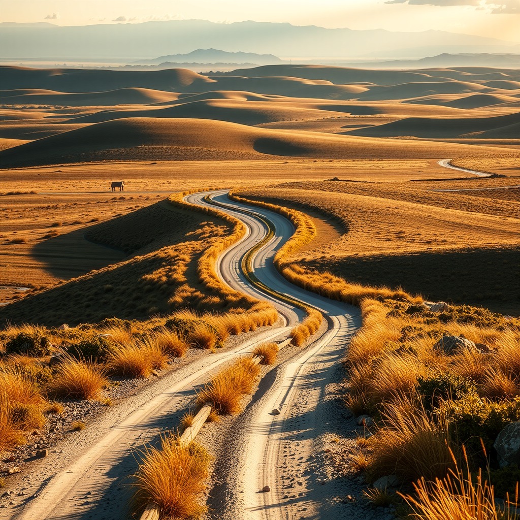 Realistic photograph of a winding dirt road through open countryside, soft light