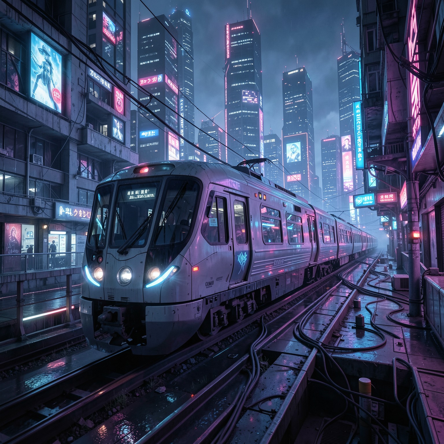 futuristic train crossing glowing cyberpunk megacity