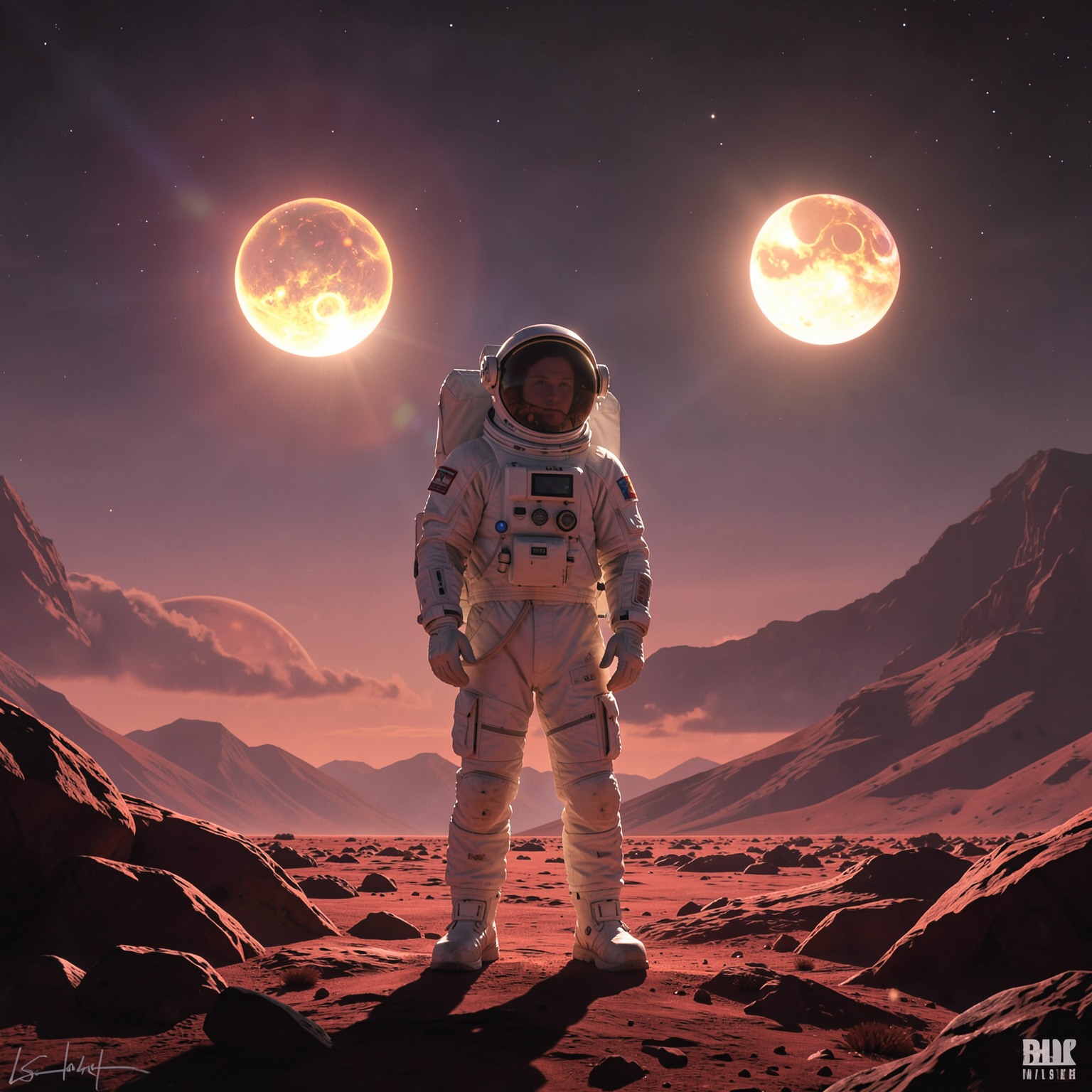 astronaut standing on alien planet with two suns in sky
