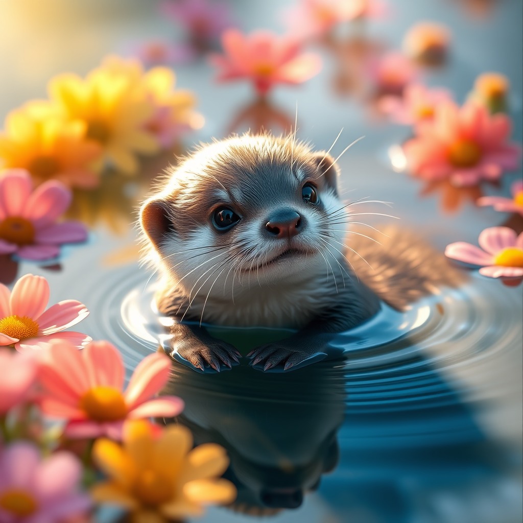 adorable baby otter floating on water surrounded by colorful flowers, soft sunlight, calm reflections, dreamy atmosphere, ultra detailed, cute cinematic look