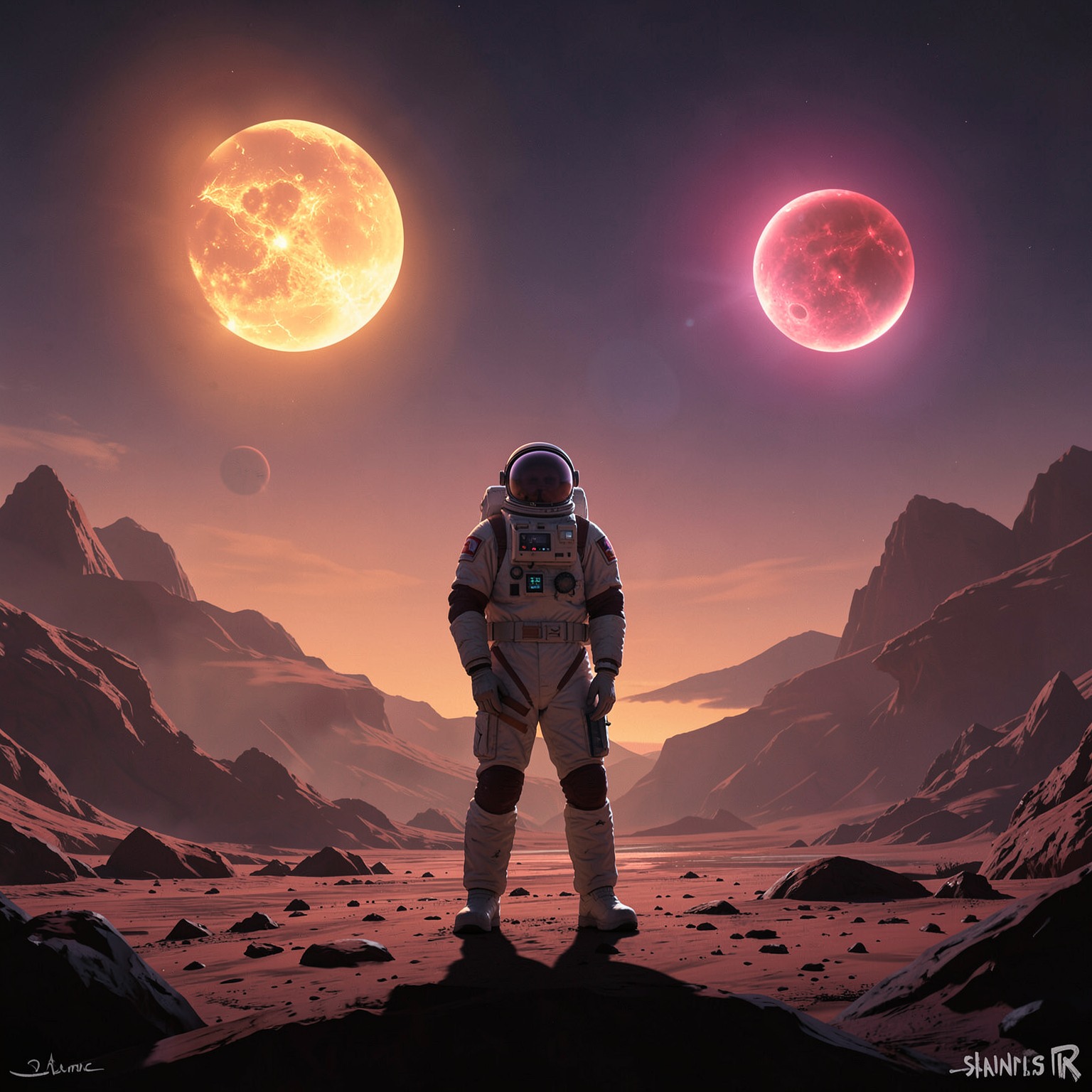 astronaut standing on alien planet with two suns in sky