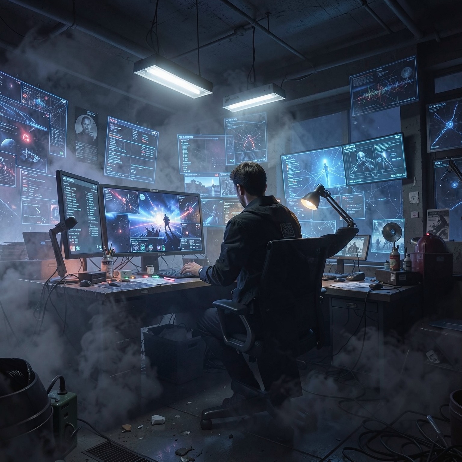 Cyberpunk detective office filled with smoke and holographic screens