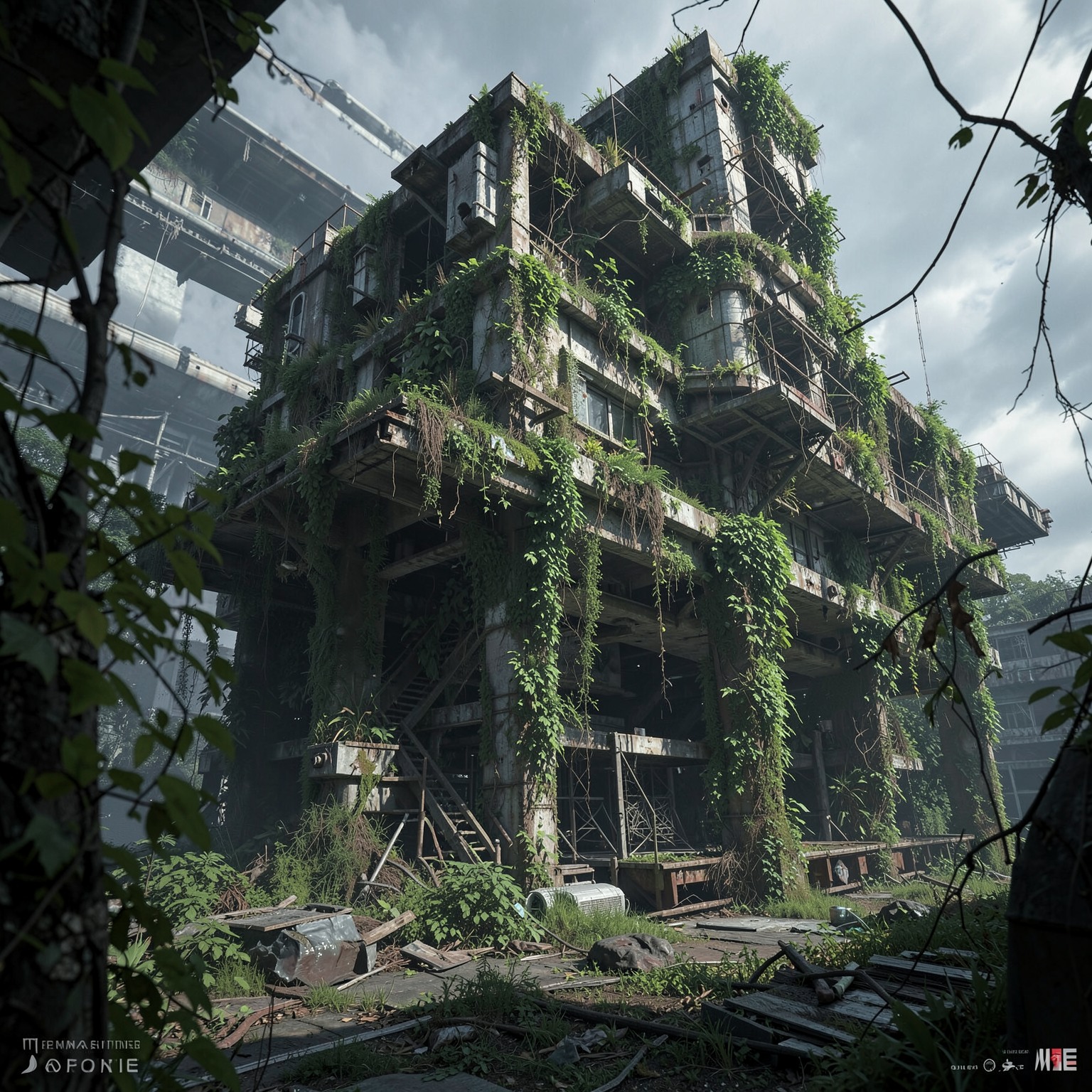 abandoned space station covered with plants and vines