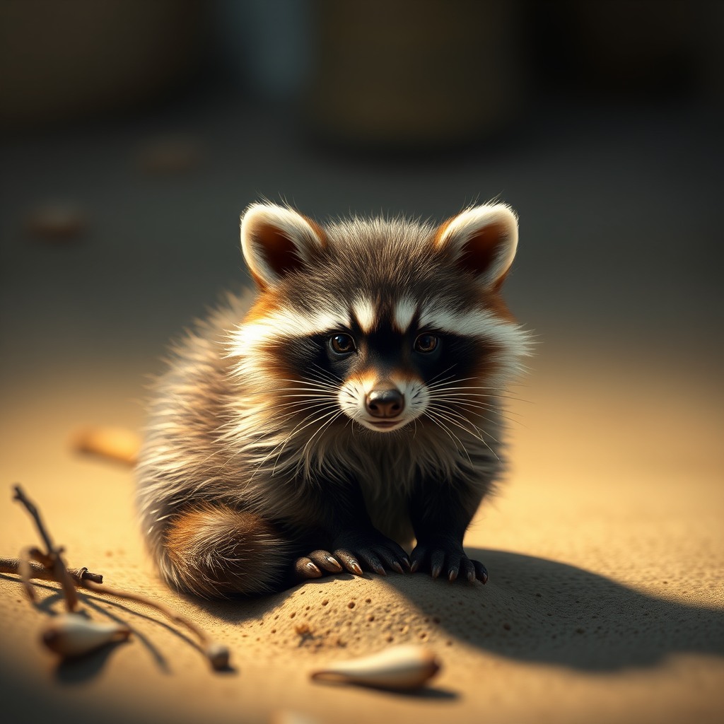 tiny raccoon, cozy indoor light, high detail