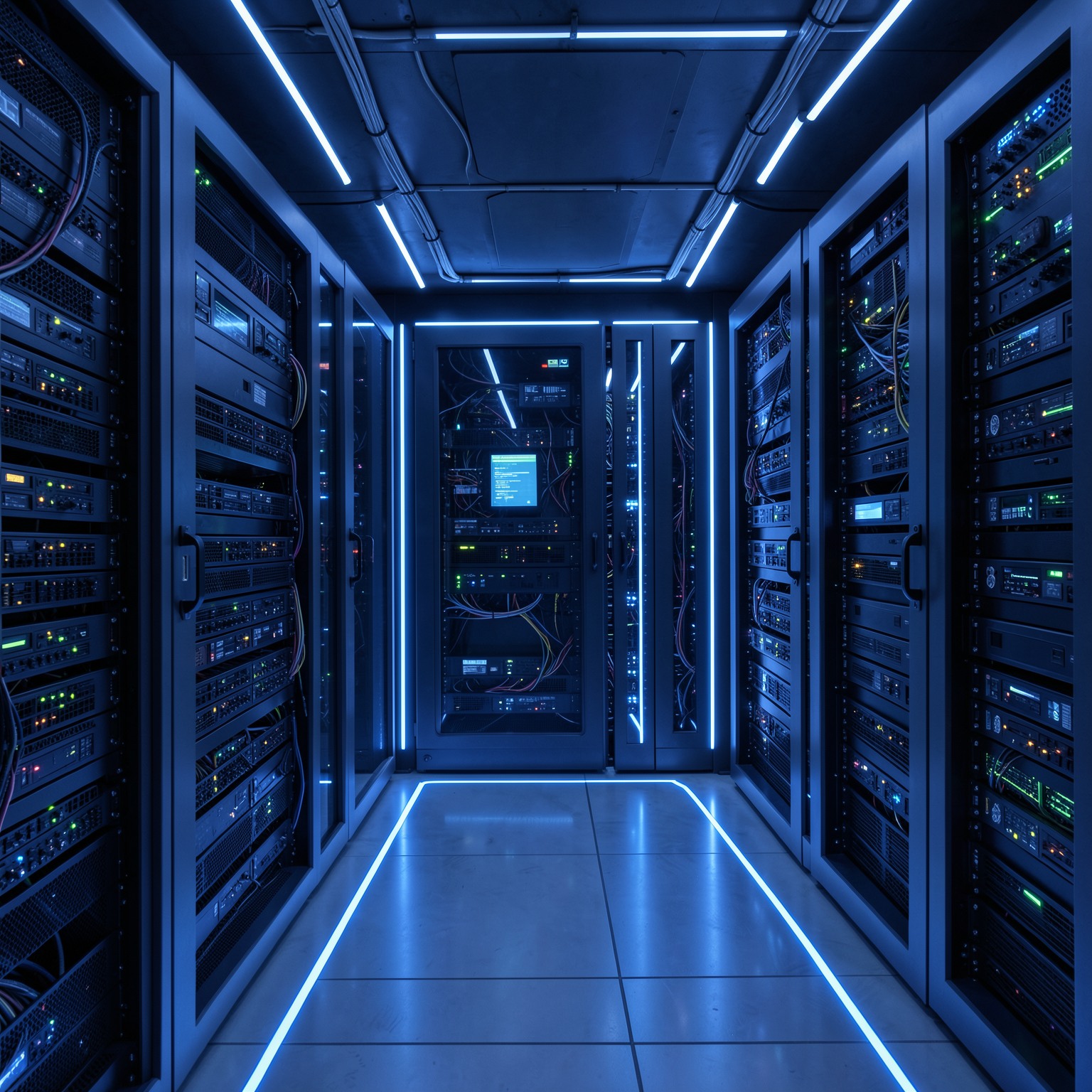futuristic AI server room glowing with blue lights