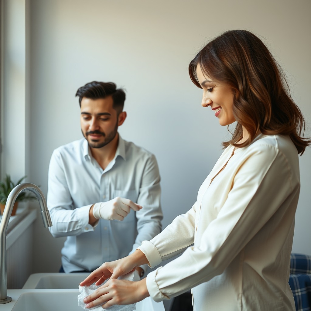 Photo-realistic editorial photography, realistic scene representing a couple cleaning apartment together