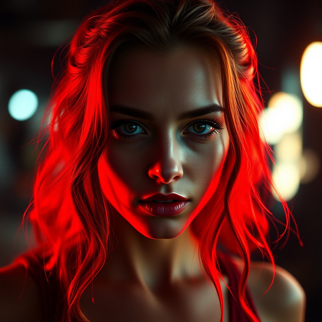 red hear woman, hyper-realistic, rim lighting, ultra sharp focus