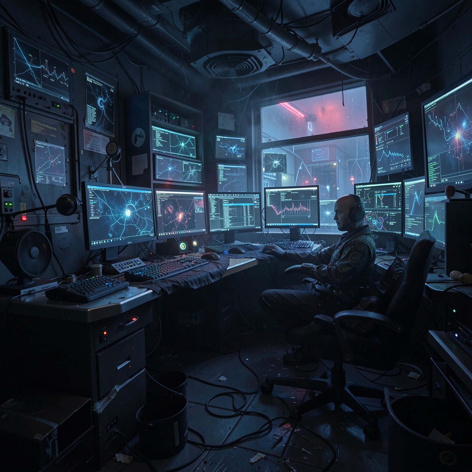 futuristic hacker room filled with monitors, dark cyberpunk lighting