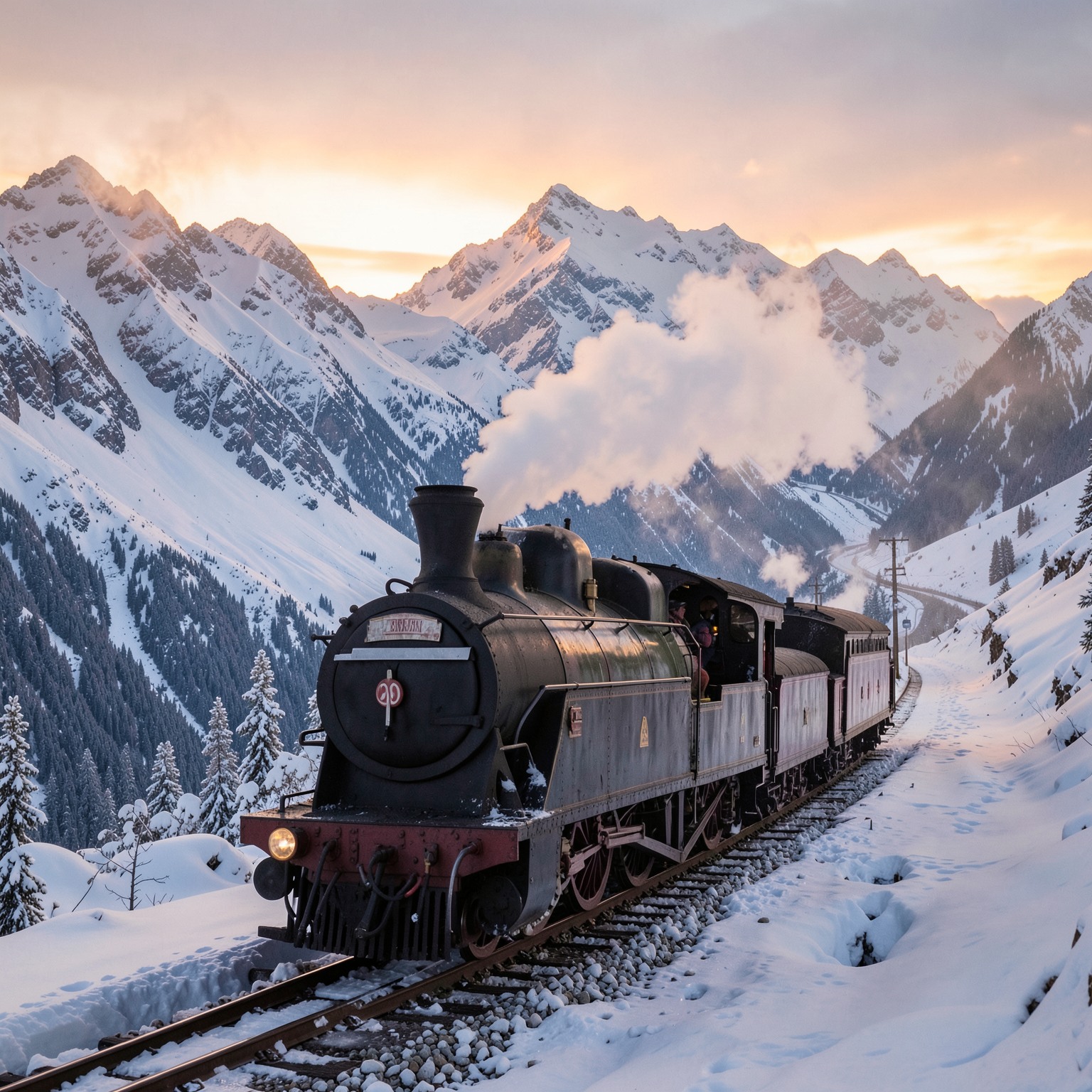 Old steam train traveling through frozen mountains at sunrise