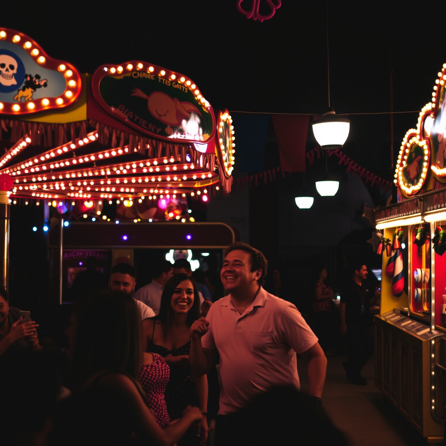AI generated colorful carnival scene with rides, games, and festive lights.