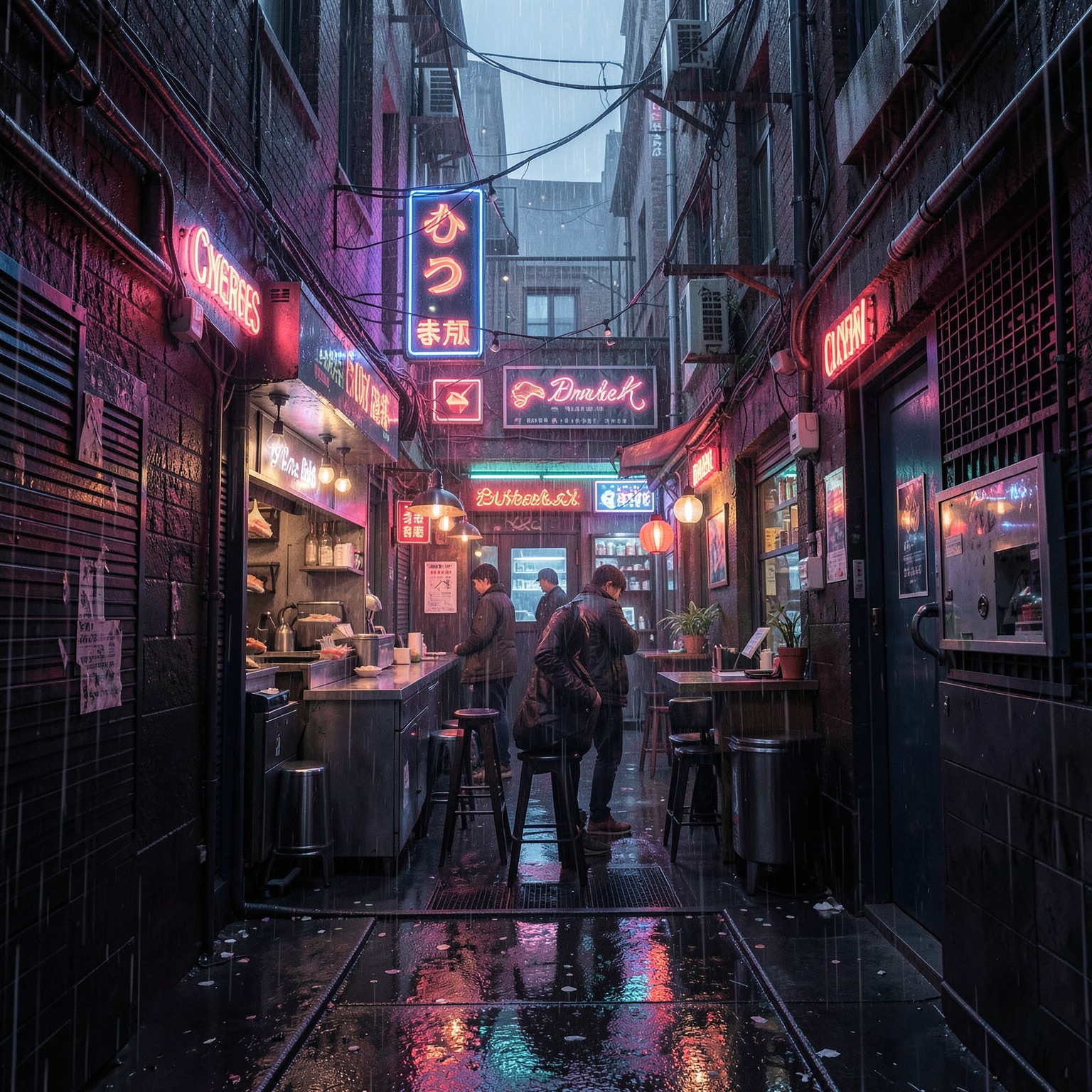 Cyberpunk sushi bar hidden in narrow alley, neon signs everywhere, rainy atmosphere