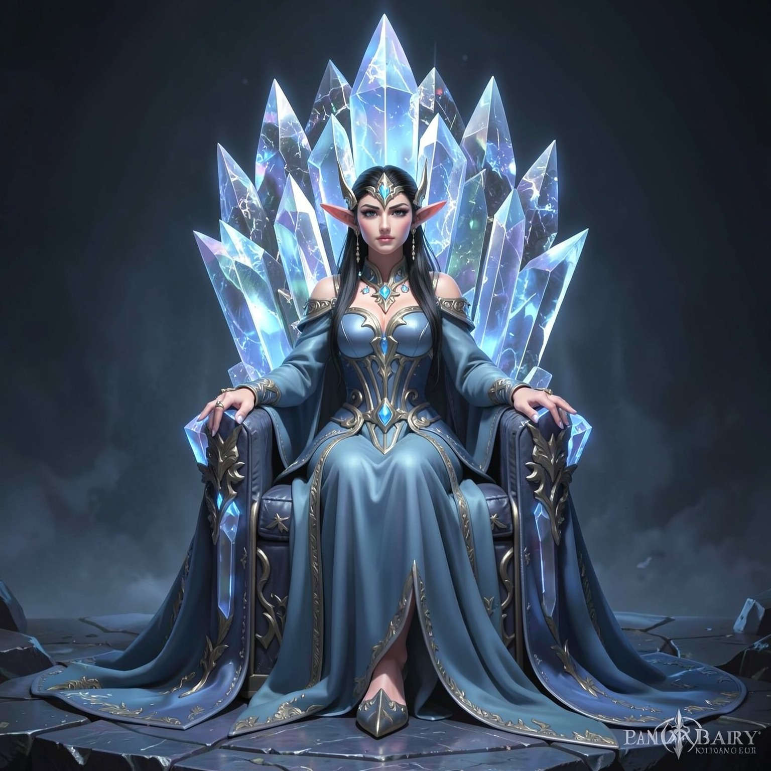 fantasy elf queen sitting on crystal throne