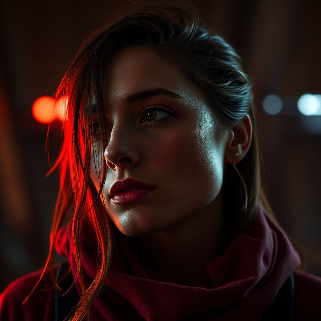 red hear woman, hyper-realistic, rim lighting, ultra sharp focus