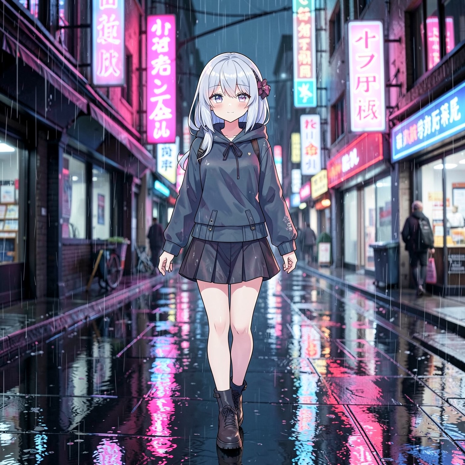 anime girl with white hair walking through rainy neon streets, detailed reflections