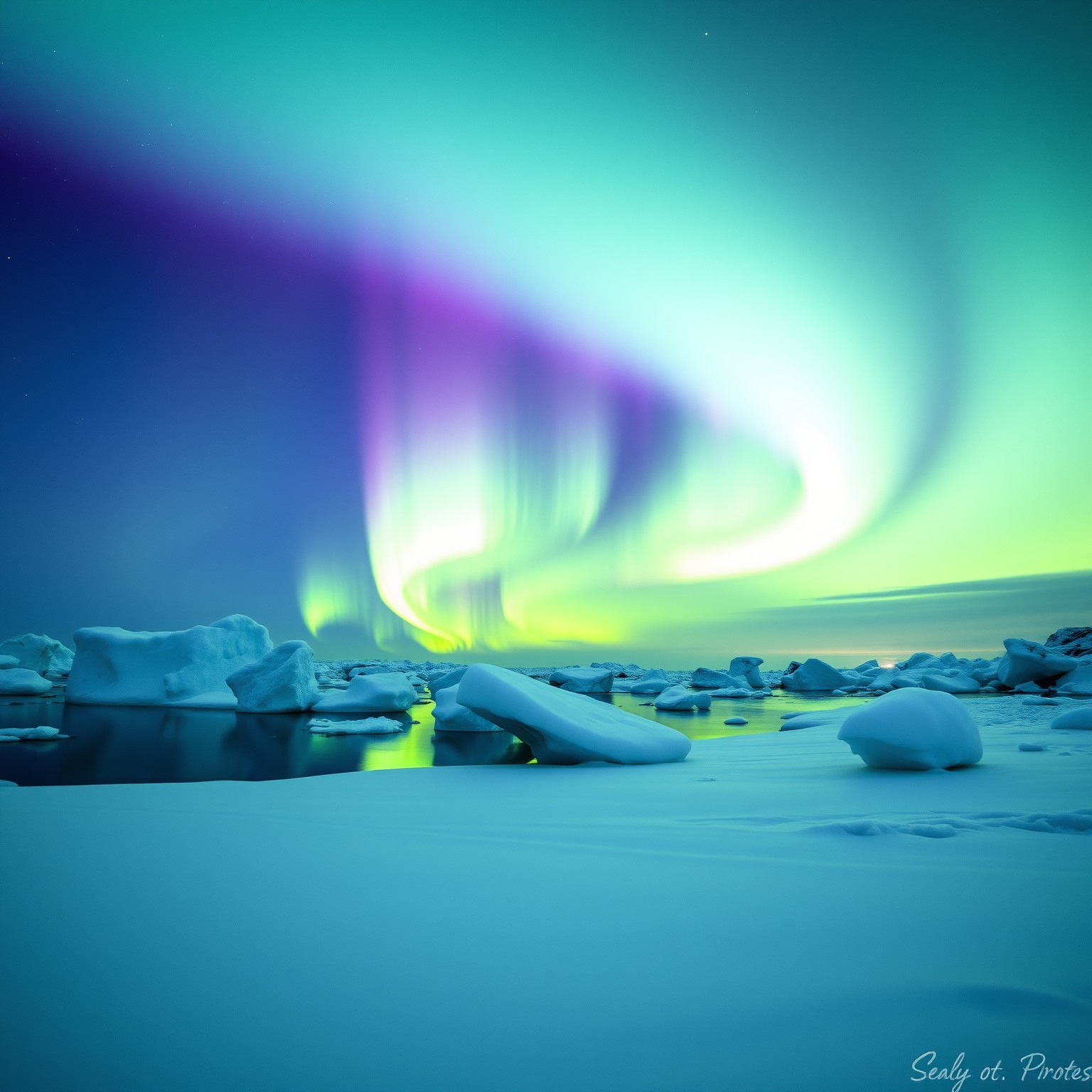 Aurora borealis lighting up a snowy Arctic landscape with colorful icebergs