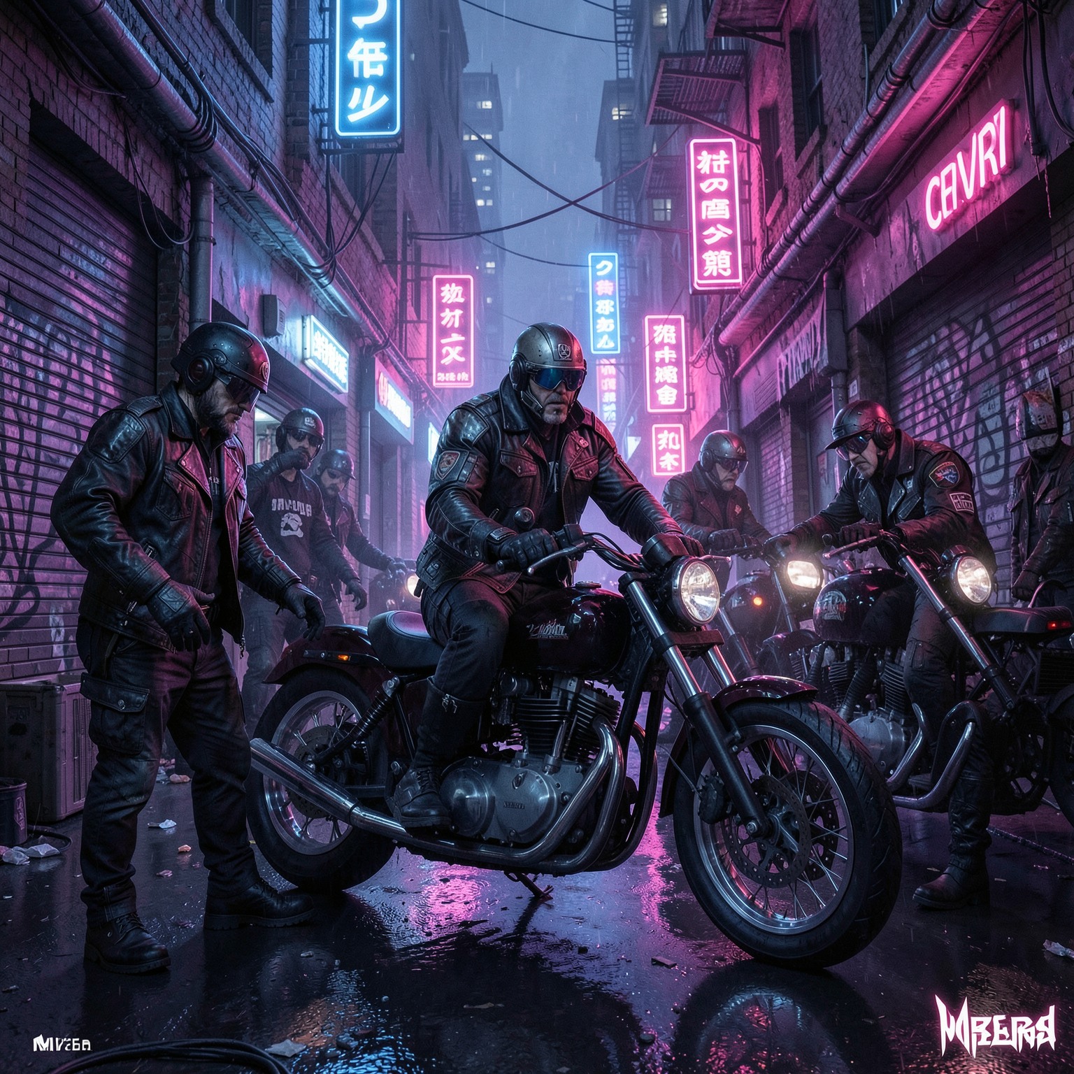 Cyberpunk motorcycle gang in neon alley