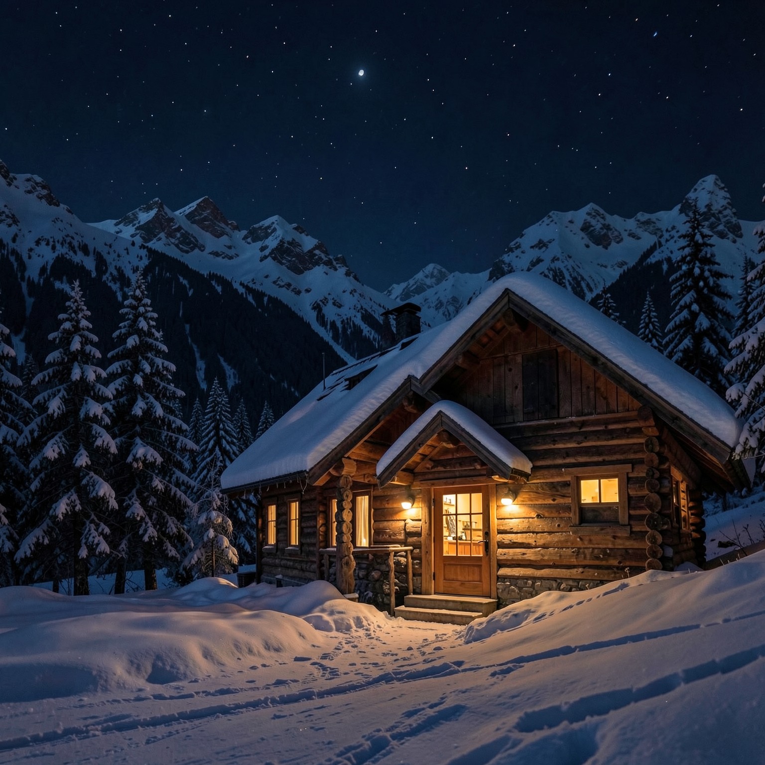 cozy cabin in snowy mountains at night