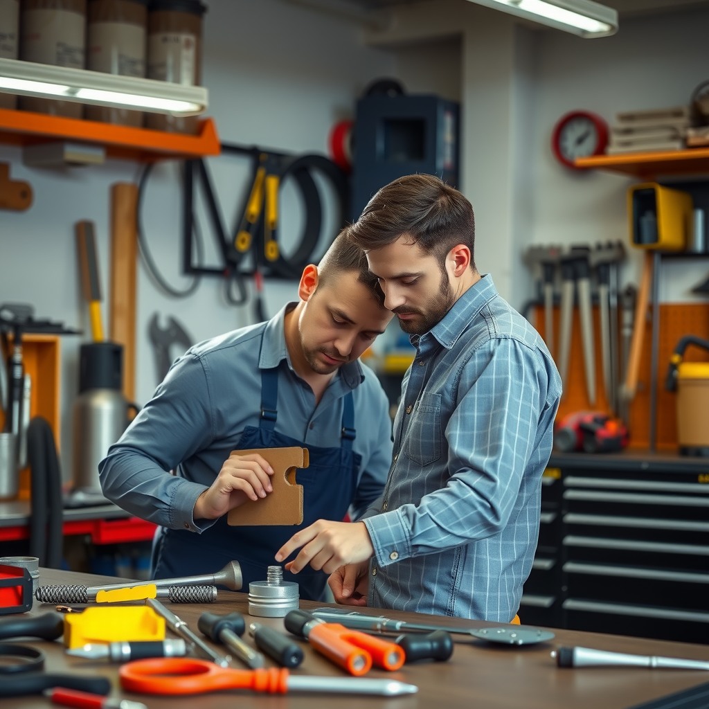 Photo-realistic editorial photography, realistic scene representing a man organizing tools in garage