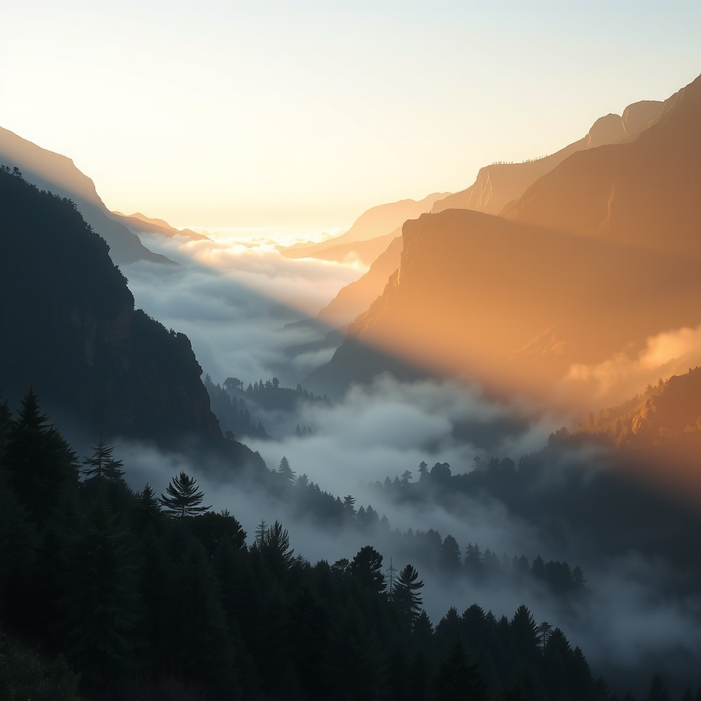 Photo-realistic editorial photography of a misty mountain valley at sunrise, soft golden light, low clouds drifting between peaks, sharp focus, natural colors