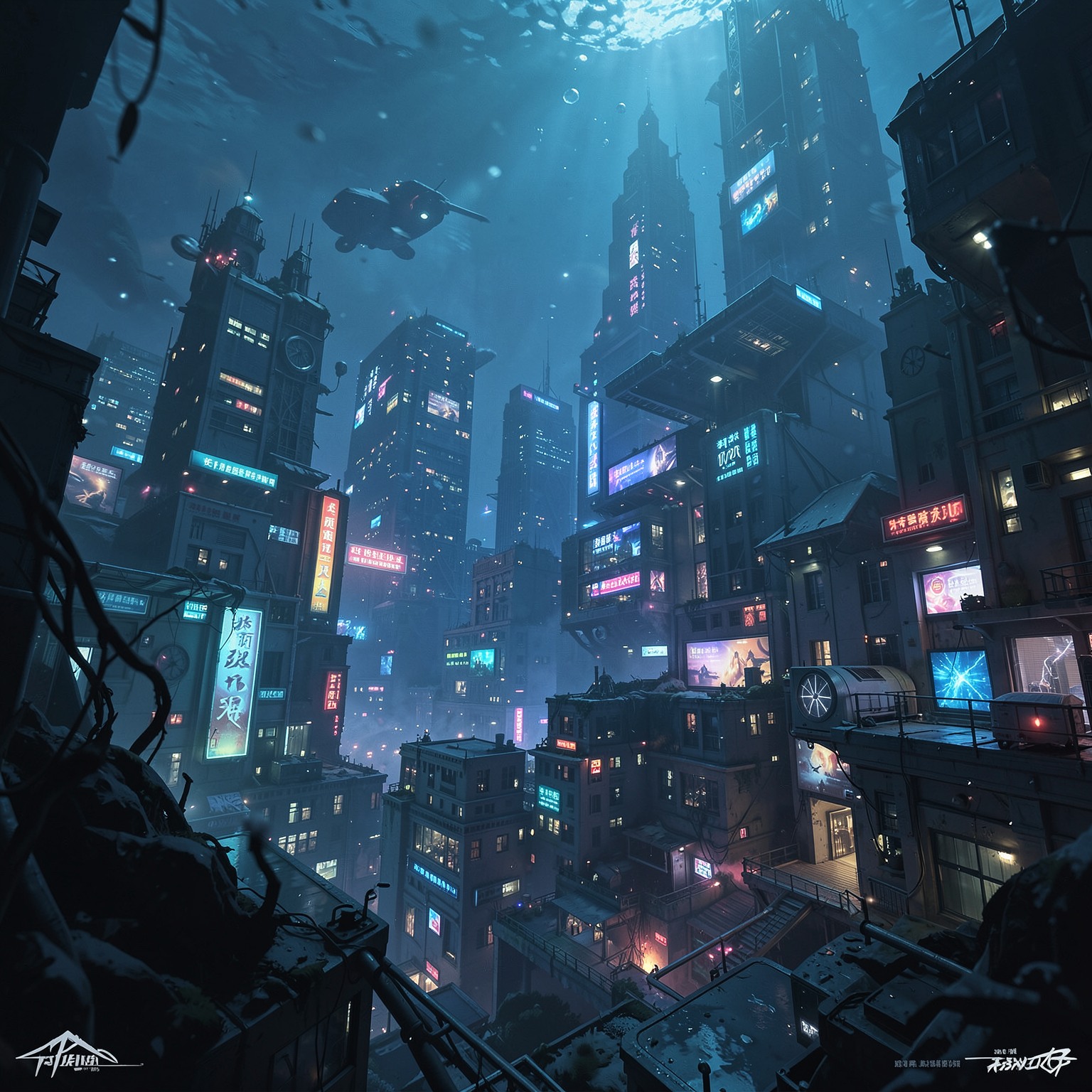 underwater cyberpunk city with glowing lights