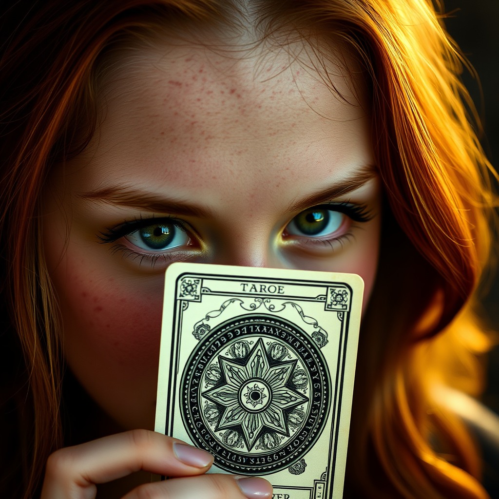 A close-up portrait of a young woman with freckles and auburn hair, holding a vintage tarot card in front of her face. Only her curious green eyes are visible above the ornate card design. Soft, warm lighting creates a mystical atmosphere.