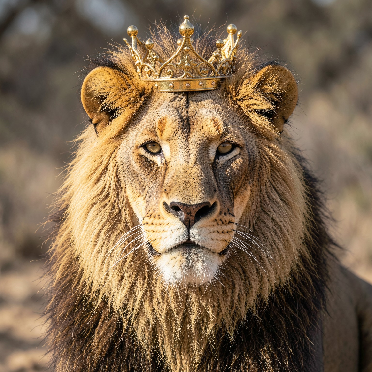 Ultra realistic lion portrait with golden crown