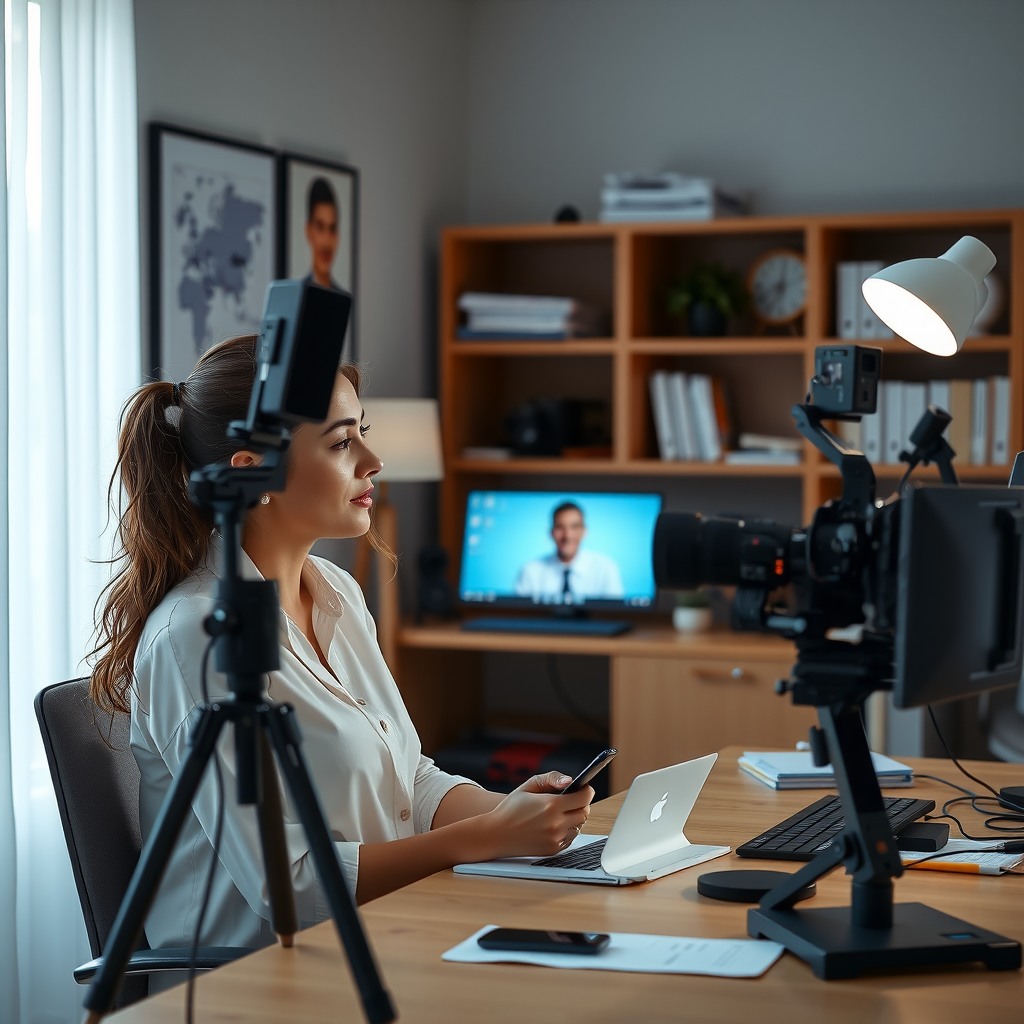 Photo-realistic editorial photography, realistic scene representing a woman taking video call at desk
