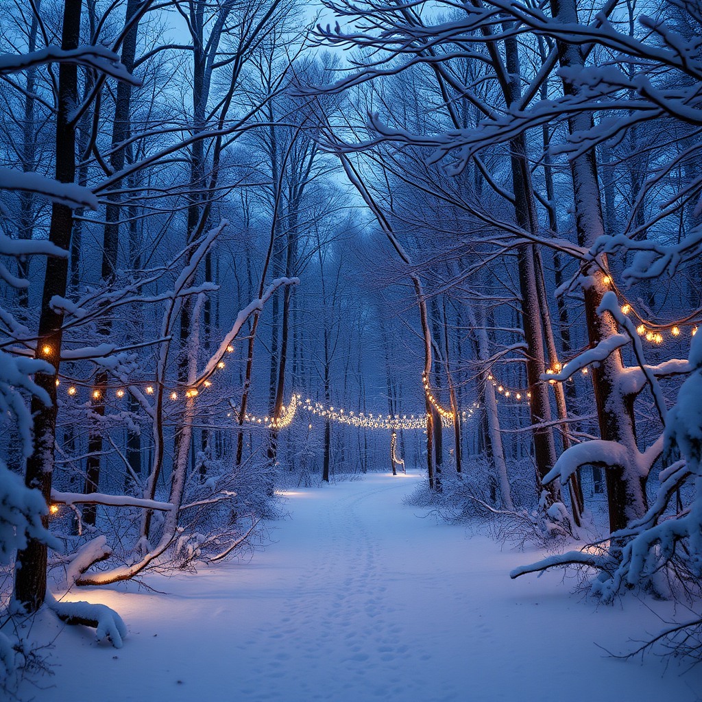 snow-covered forest with christmas lights, fairy tale atmosphere, cinematic realism