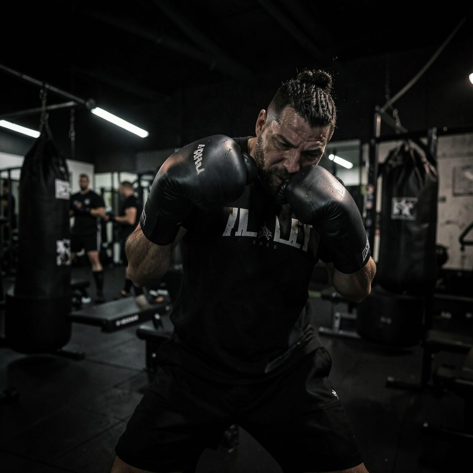 realistic boxer training in dark gym cinematic lighting
