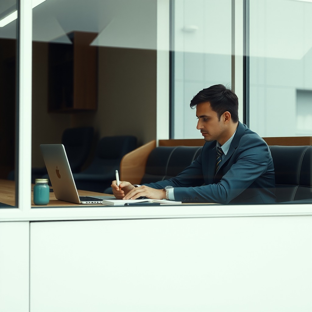 Photo-realistic editorial photography, realistic scene representing a man working quietly near window