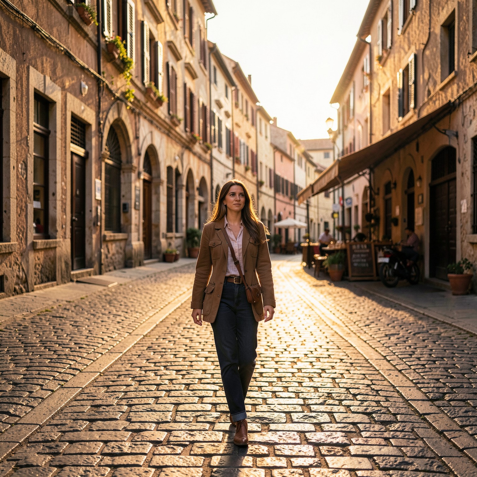 Ultra realistic travel photo, woman walking through European old town street, golden hour light, cinematic atmosphere, DSLR quality