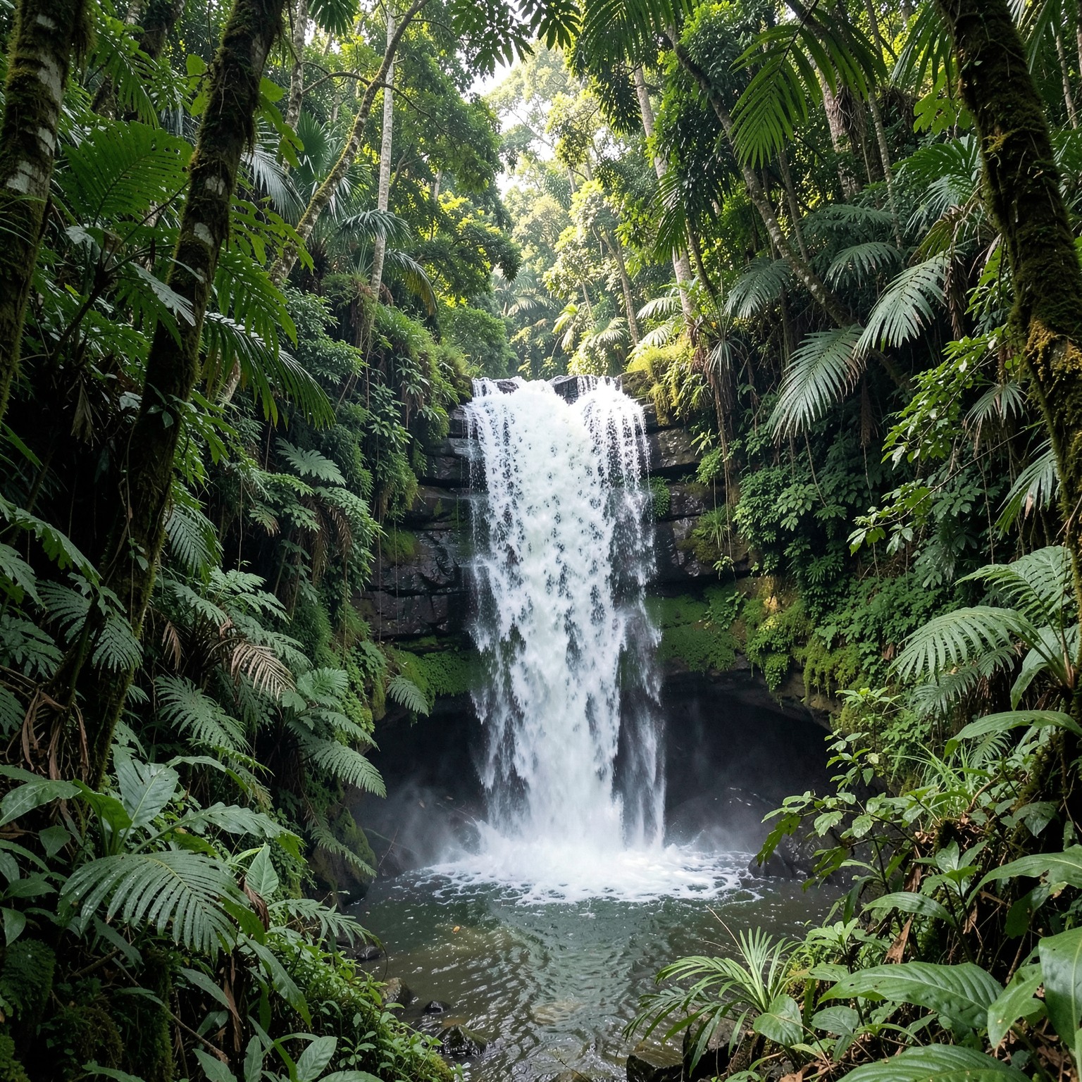 realistic waterfall hidden inside tropical jungle